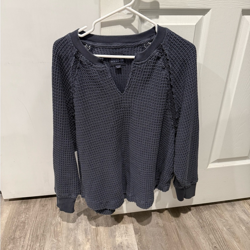 American Eagle Outfitters Dark Gray Waffle Knit Long Sleeve Top